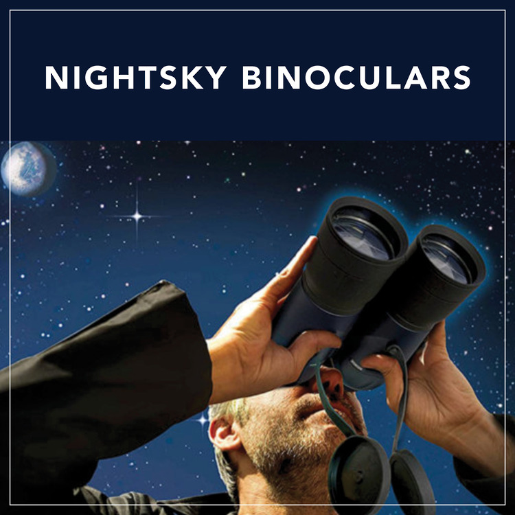 Person looking through binoculars with night sky above them.