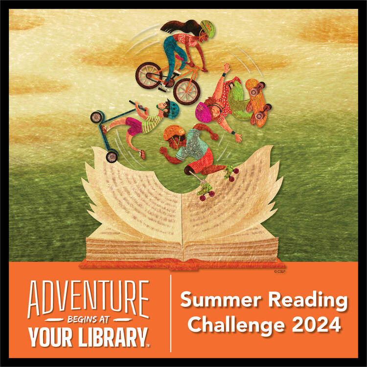 Adventure begins at your Library - People riding bike, skateboarding, roller skating in circle on open book