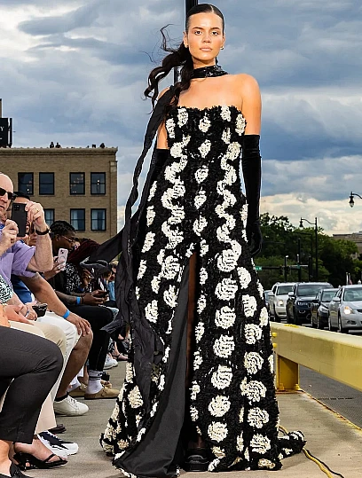 Photo of a Model wearing designer Jevon Terance Dress on the Charles Berry Bridge in Lorain