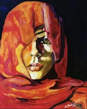 Colorful portrait of a person with a red headscarf against a dark background